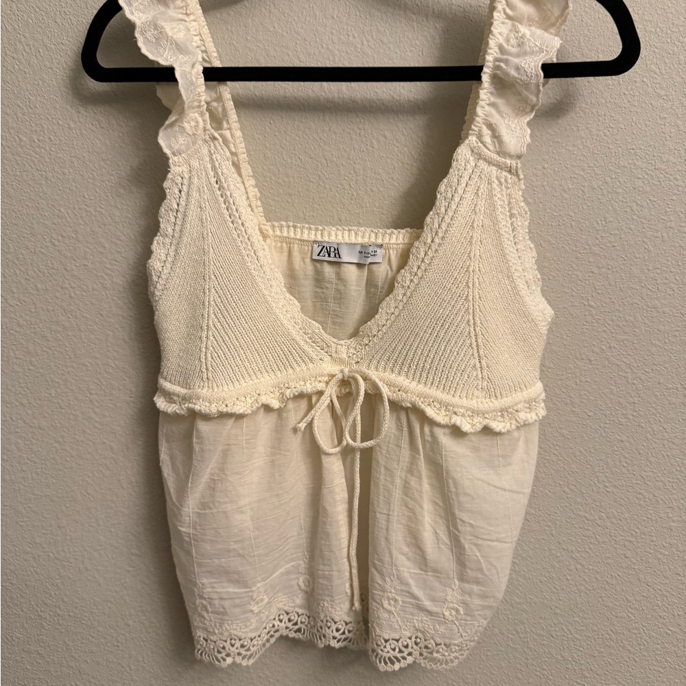 Zara Ivory Knit Top with Lace Accents